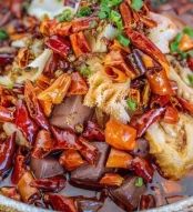 Red Tofu & Pig Intestines & Mix Veggie Beef Tripe In Spicy Soup